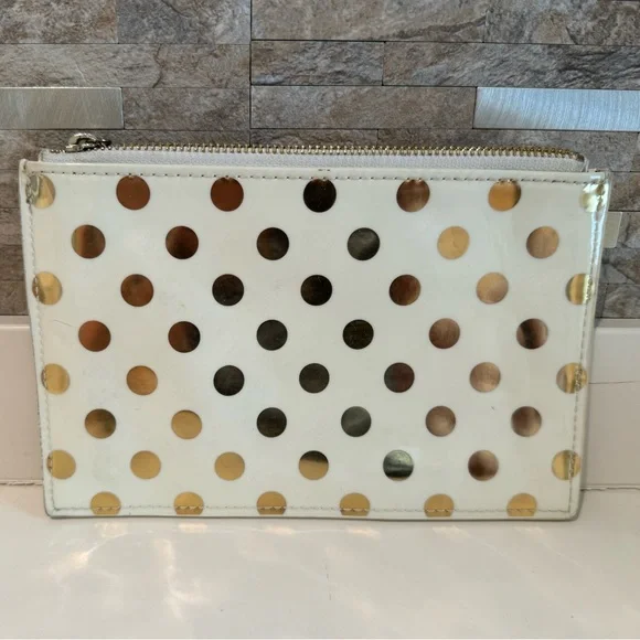 Kate Spade Patent Leather Ivory/Gold Polka Dot Case Bag Pouch Clutch - Picture 4 of 5